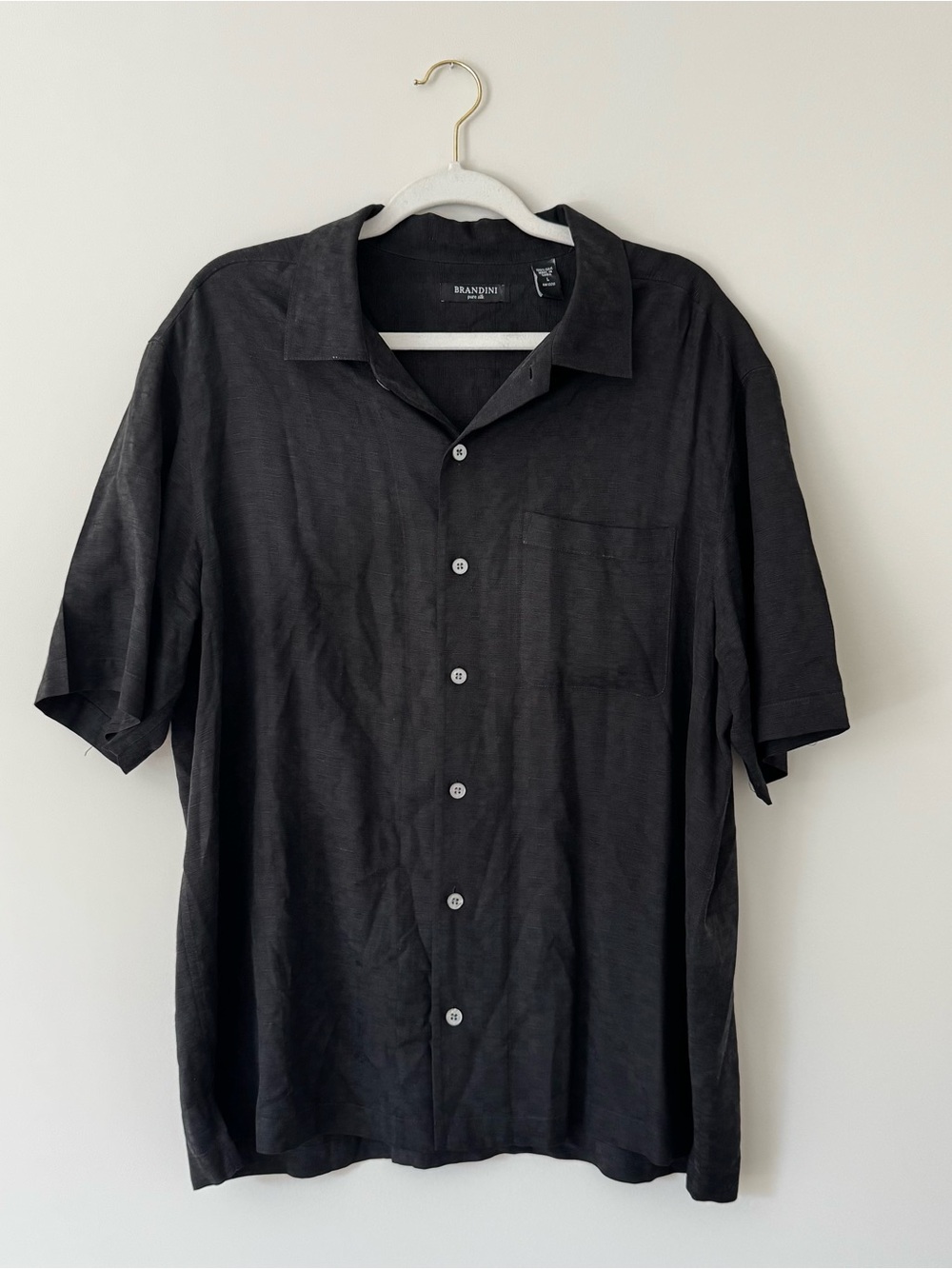 Brandini 100% Pure Silk Textured Short Sleeve Button Down, Black – Men’s Large